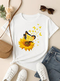T-Shirt Feminina de Algodão Blusa Básica Estampada 100% Algodão – Girassol com Borboletas, Confortável e Estilosa
