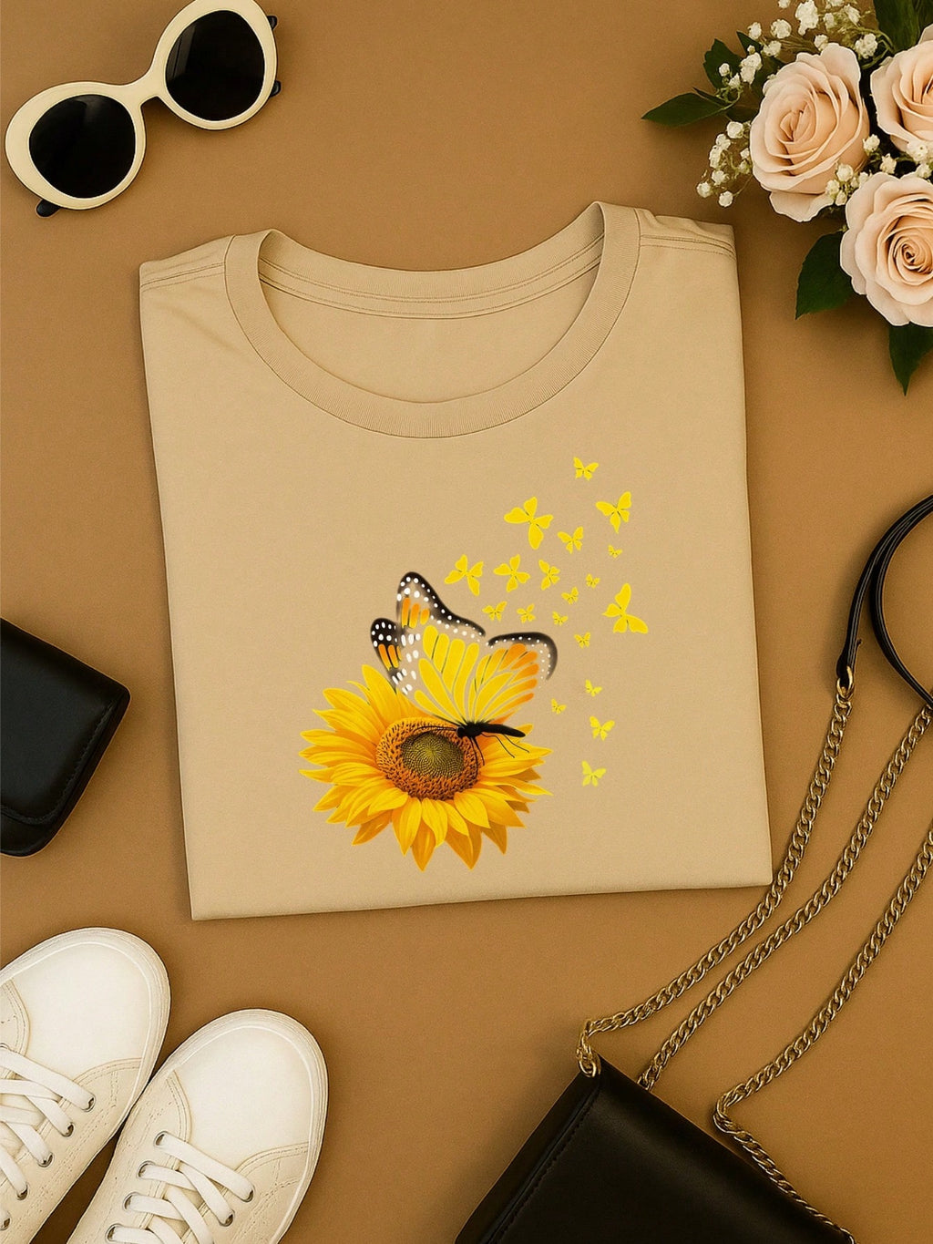 T-Shirt Feminina de Algodão Blusa Básica Estampada 100% Algodão – Girassol com Borboletas, Confortável e Estilosa