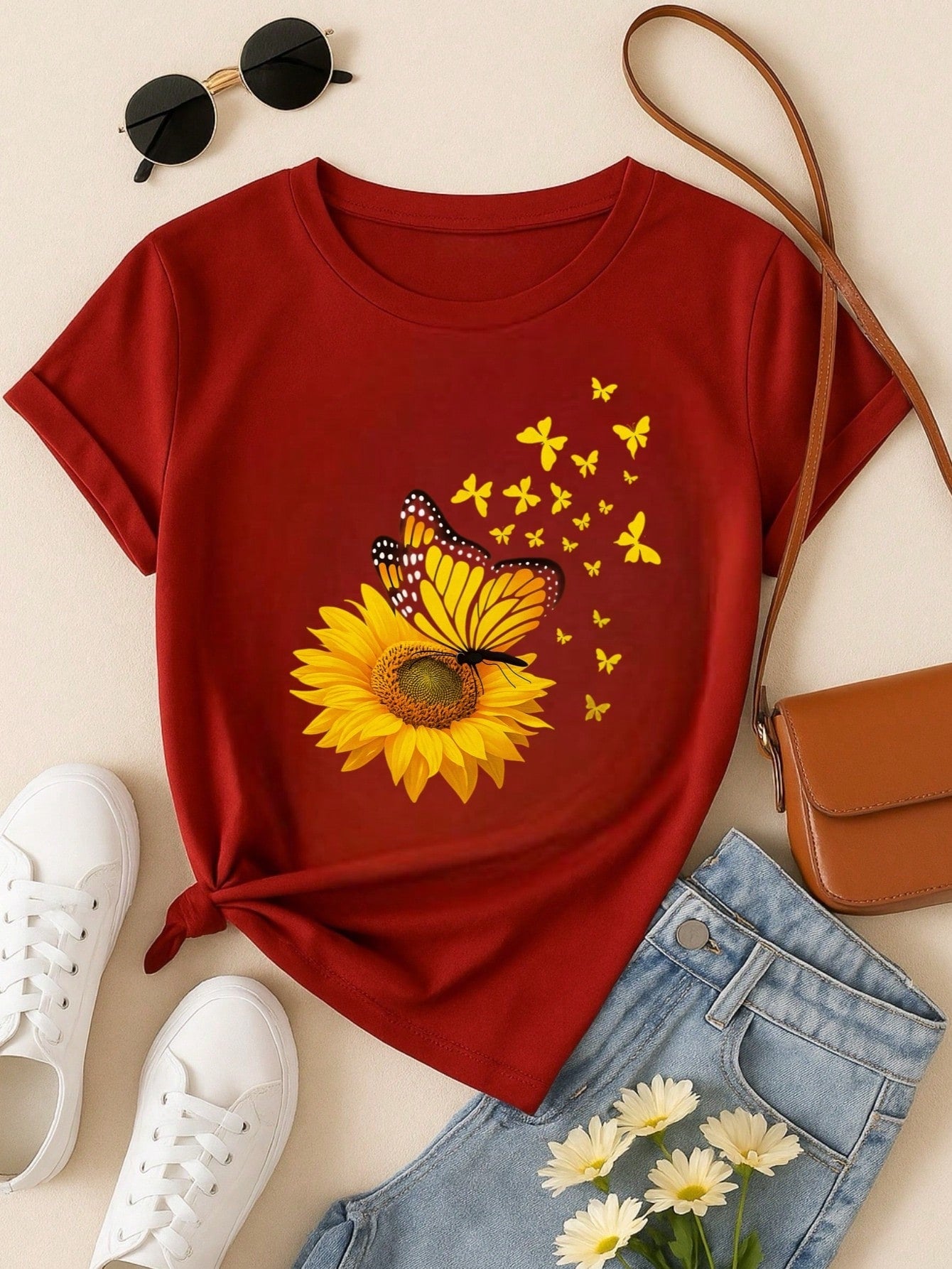 T-Shirt Feminina de Algodão Blusa Básica Estampada 100% Algodão – Girassol com Borboletas, Confortável e Estilosa