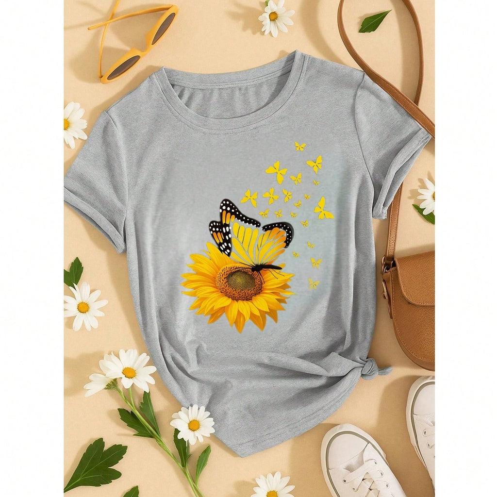 T-Shirt Feminina de Algodão Blusa Básica Estampada 100% Algodão – Girassol com Borboletas, Confortável e Estilosa