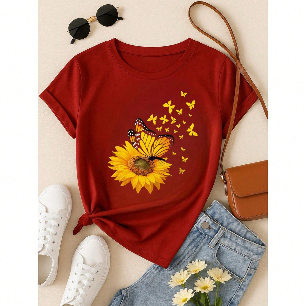 T-Shirt Feminina de Algodão Blusa Básica Estampada 100% Algodão – Girassol com Borboletas, Confortável e Estilosa