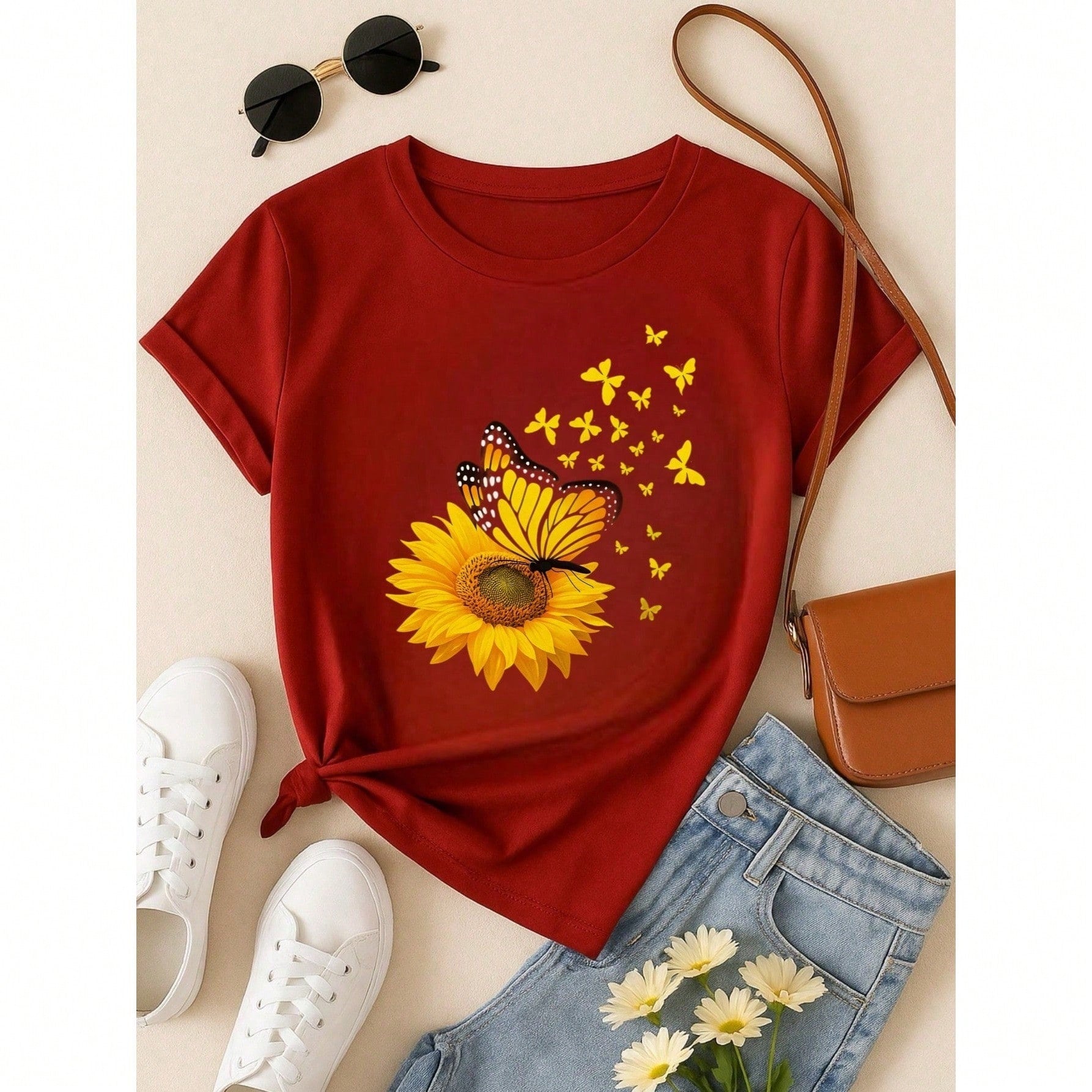 T-Shirt Feminina de Algodão Blusa Básica Estampada 100% Algodão – Girassol com Borboletas, Confortável e Estilosa