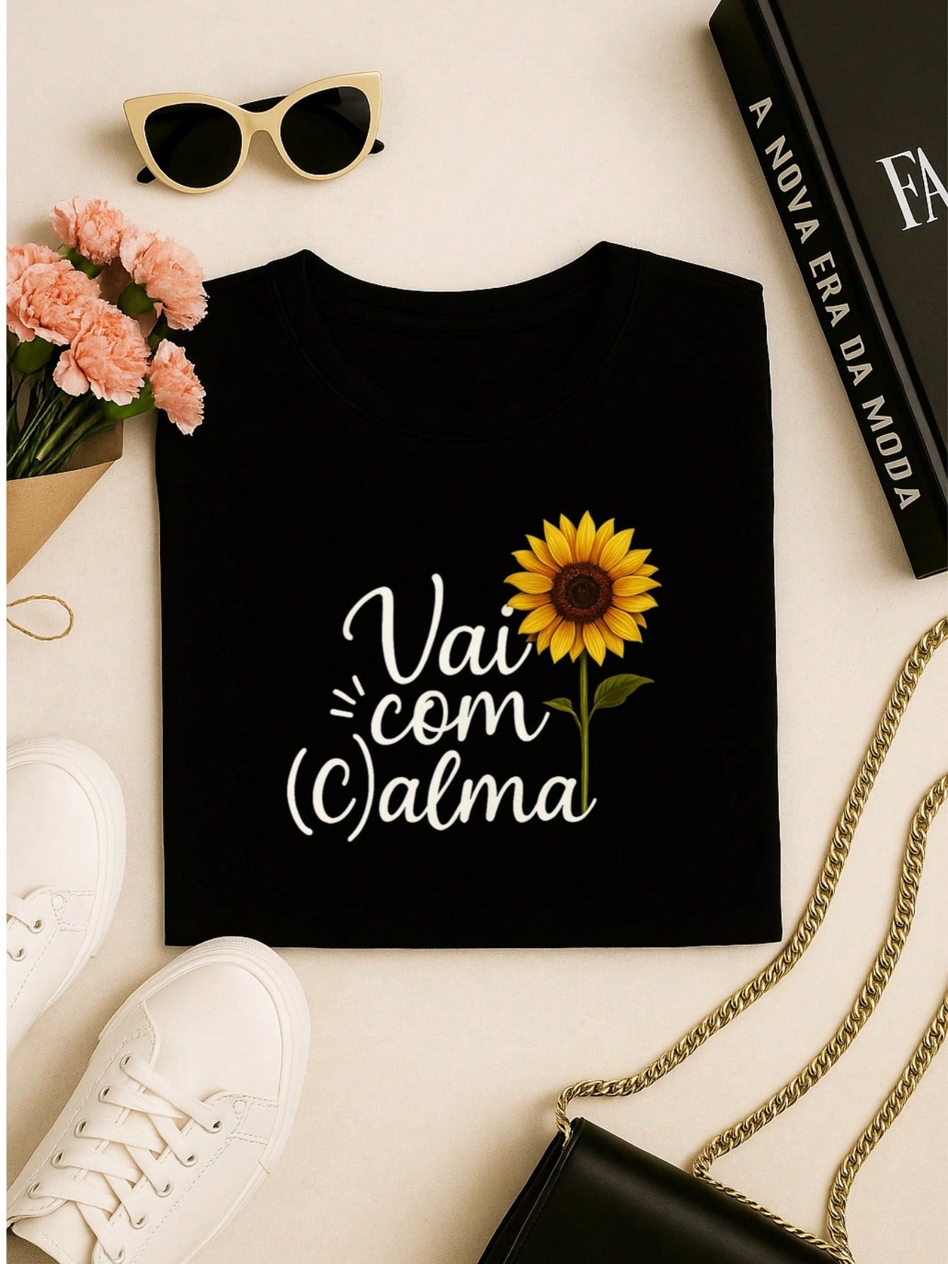 T-Shirt Feminina de Algodão Blusa Básica Estampada 100% Algodão – Vai com Calma, Frase e Girassol