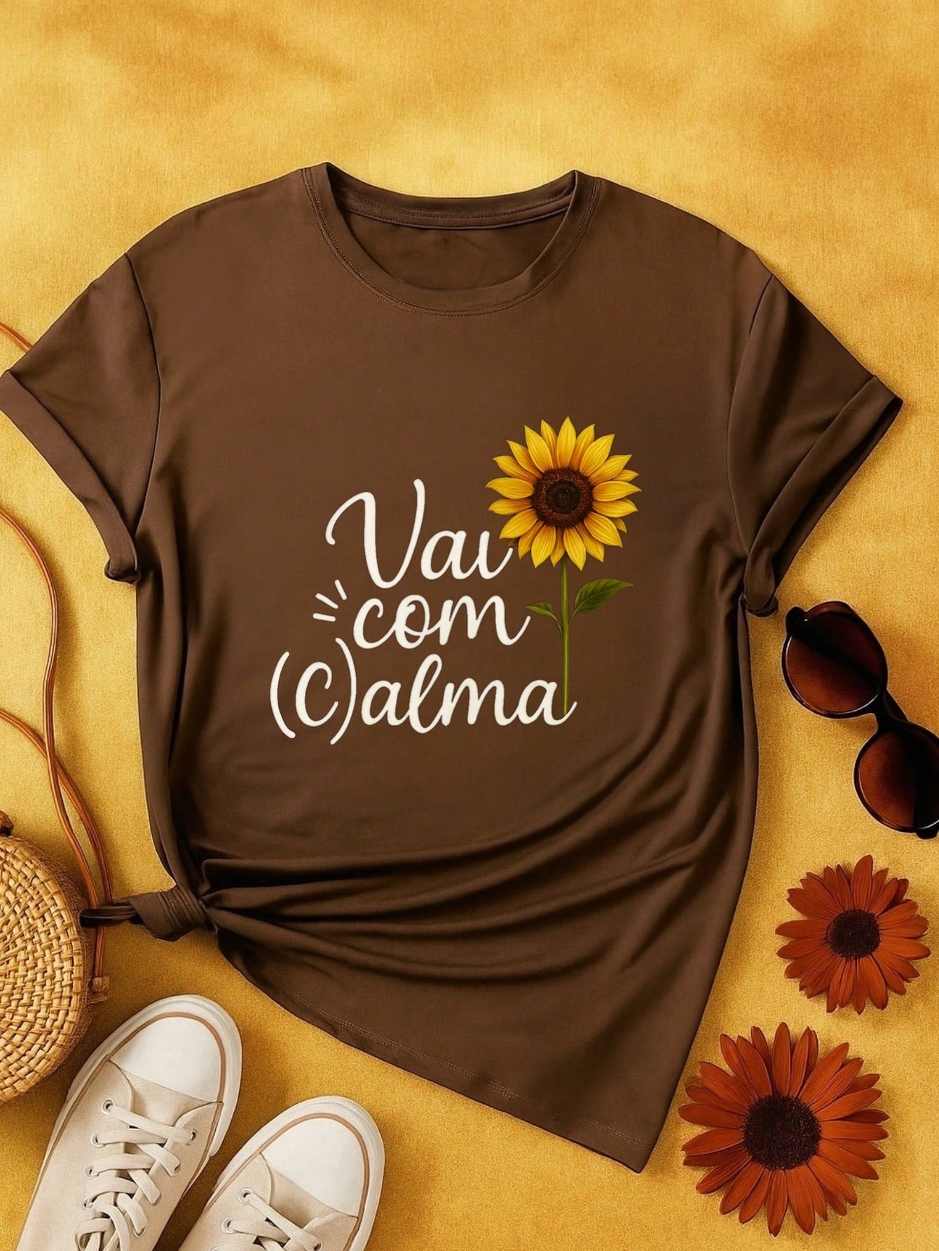 T-Shirt Feminina de Algodão Blusa Básica Estampada 100% Algodão – Vai com Calma, Frase e Girassol