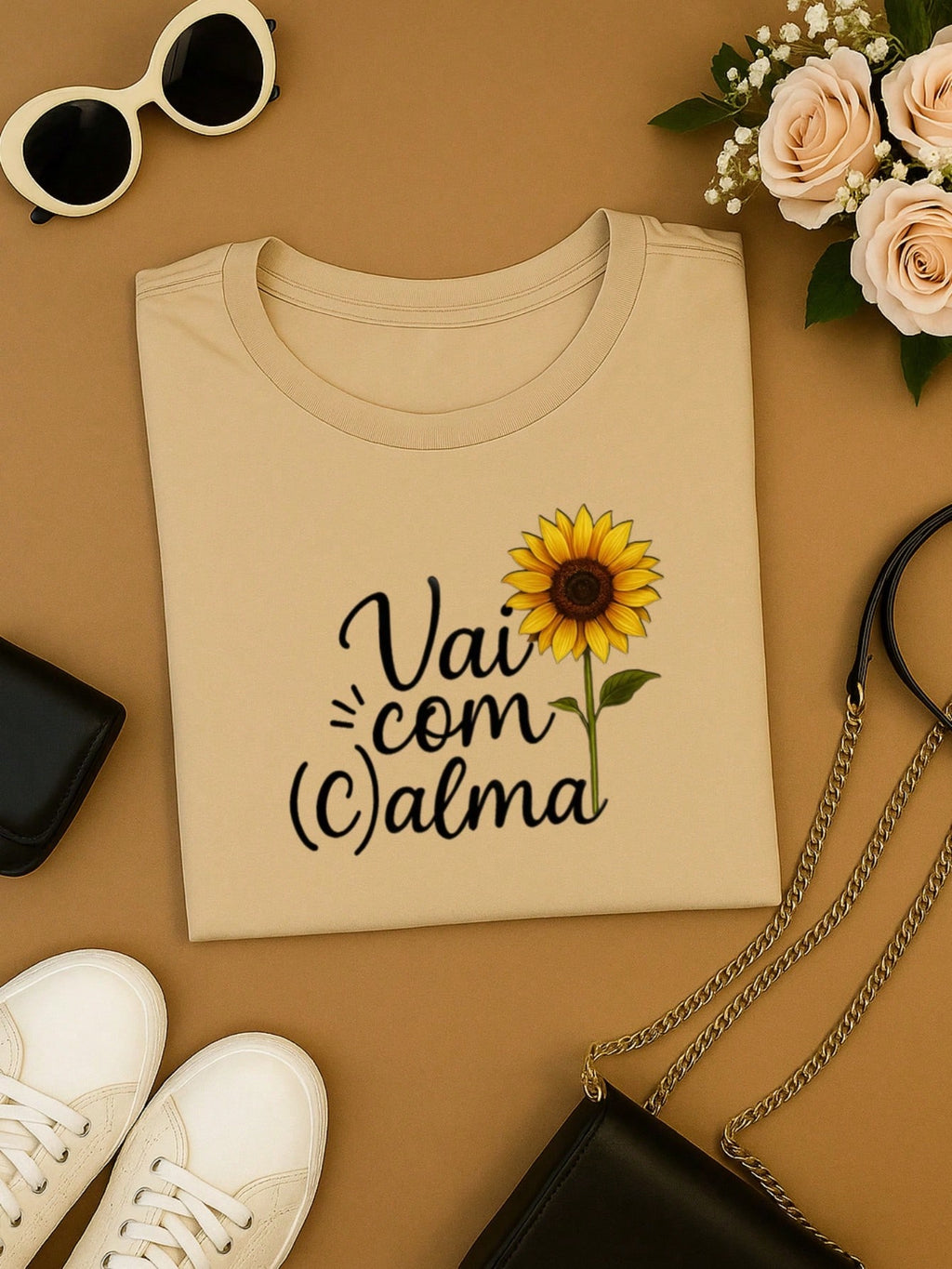 T-Shirt Feminina de Algodão Blusa Básica Estampada 100% Algodão – Vai com Calma, Frase e Girassol