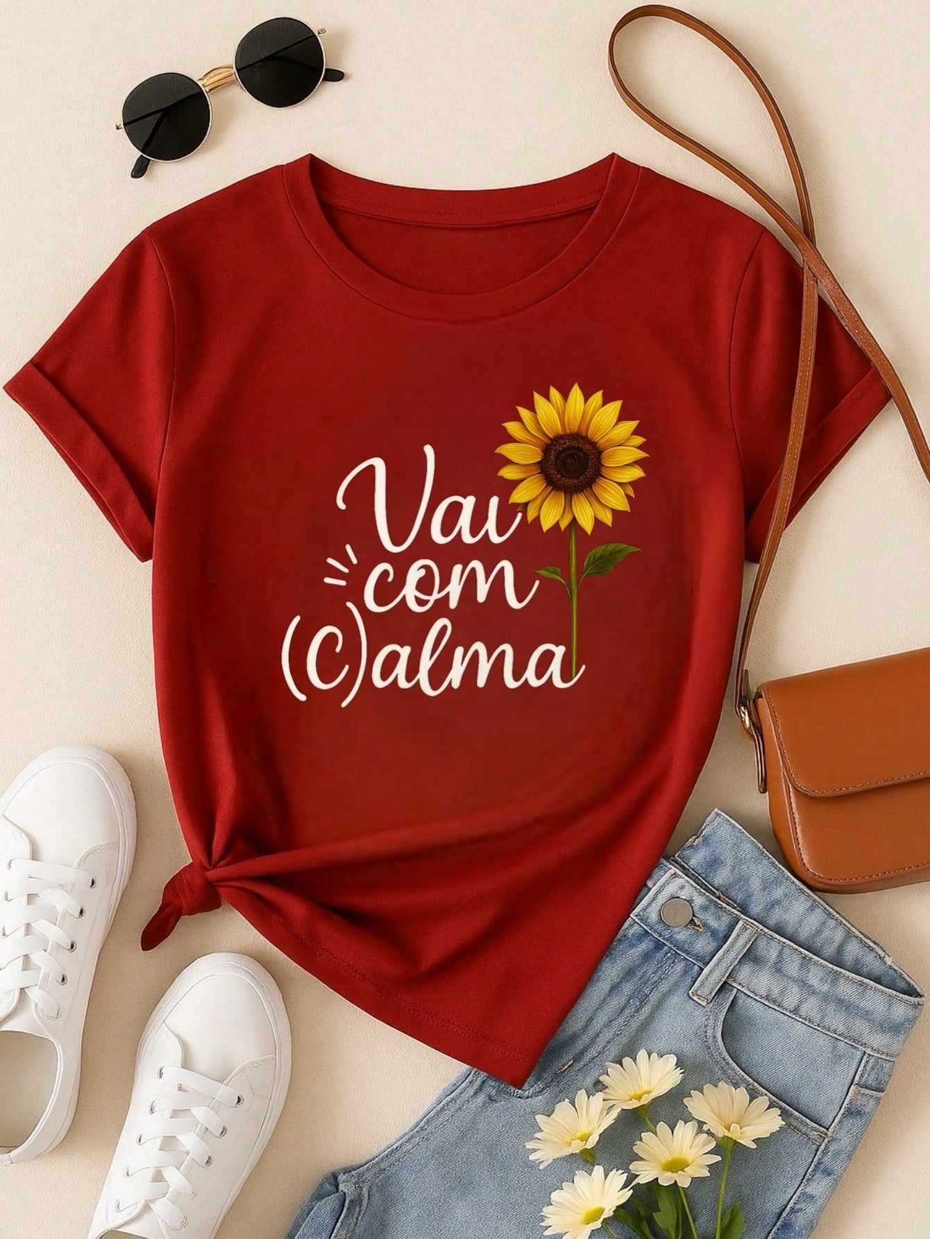 T-Shirt Feminina de Algodão Blusa Básica Estampada 100% Algodão – Vai com Calma, Frase e Girassol