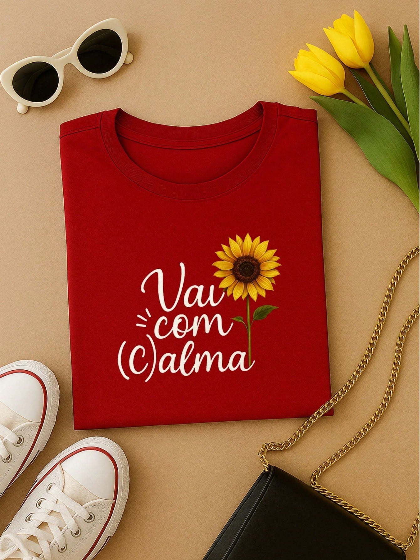 T-Shirt Feminina de Algodão Blusa Básica Estampada 100% Algodão – Vai com Calma, Frase e Girassol