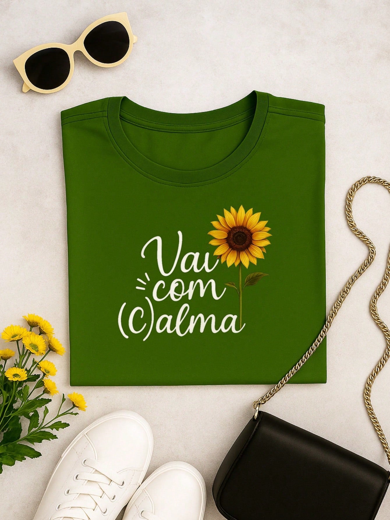 T-Shirt Feminina de Algodão Blusa Básica Estampada 100% Algodão – Vai com Calma, Frase e Girassol