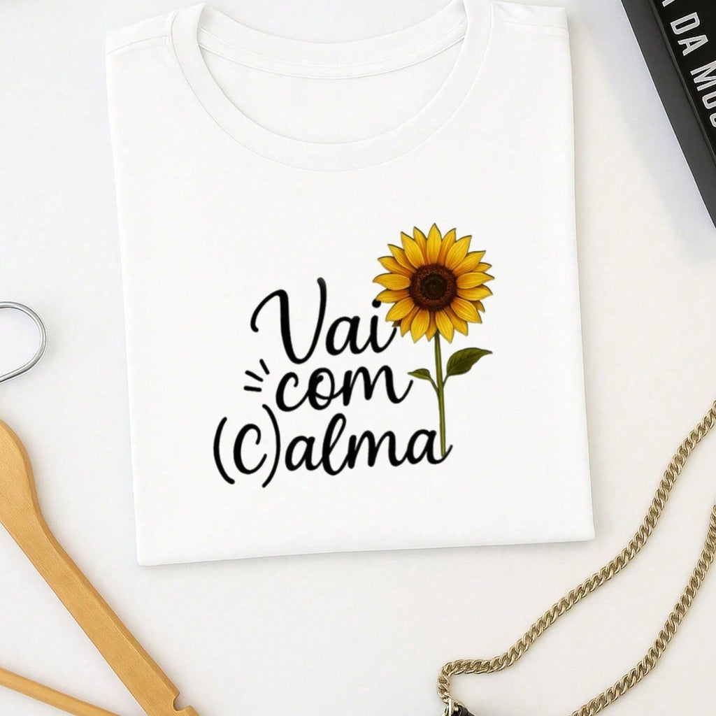 T-Shirt Feminina de Algodão Blusa Básica Estampada 100% Algodão – Vai com Calma, Frase e Girassol