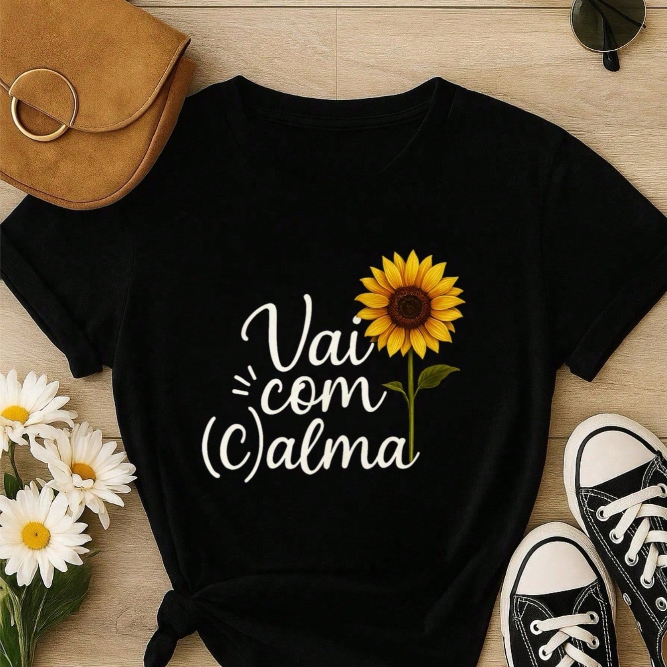T-Shirt Feminina de Algodão Blusa Básica Estampada 100% Algodão – Vai com Calma, Frase e Girassol