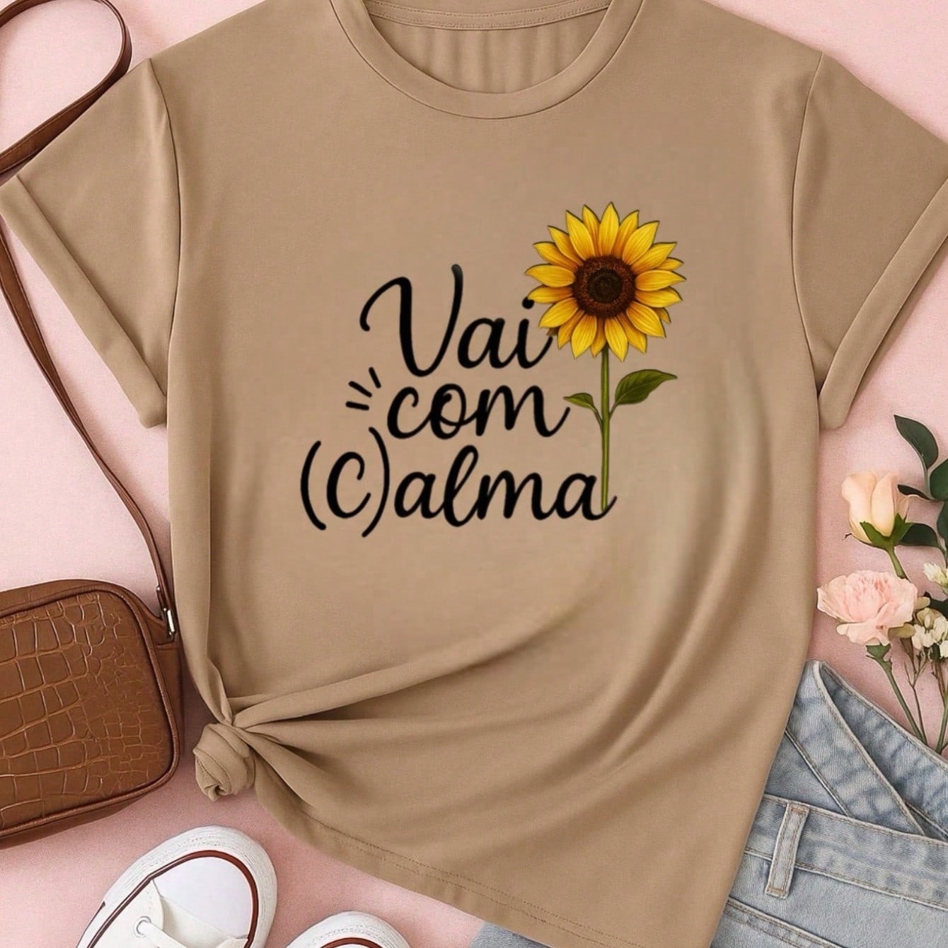 T-Shirt Feminina de Algodão Blusa Básica Estampada 100% Algodão – Vai com Calma, Frase e Girassol