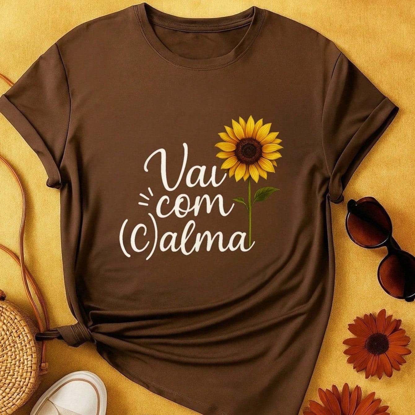 T-Shirt Feminina de Algodão Blusa Básica Estampada 100% Algodão – Vai com Calma, Frase e Girassol
