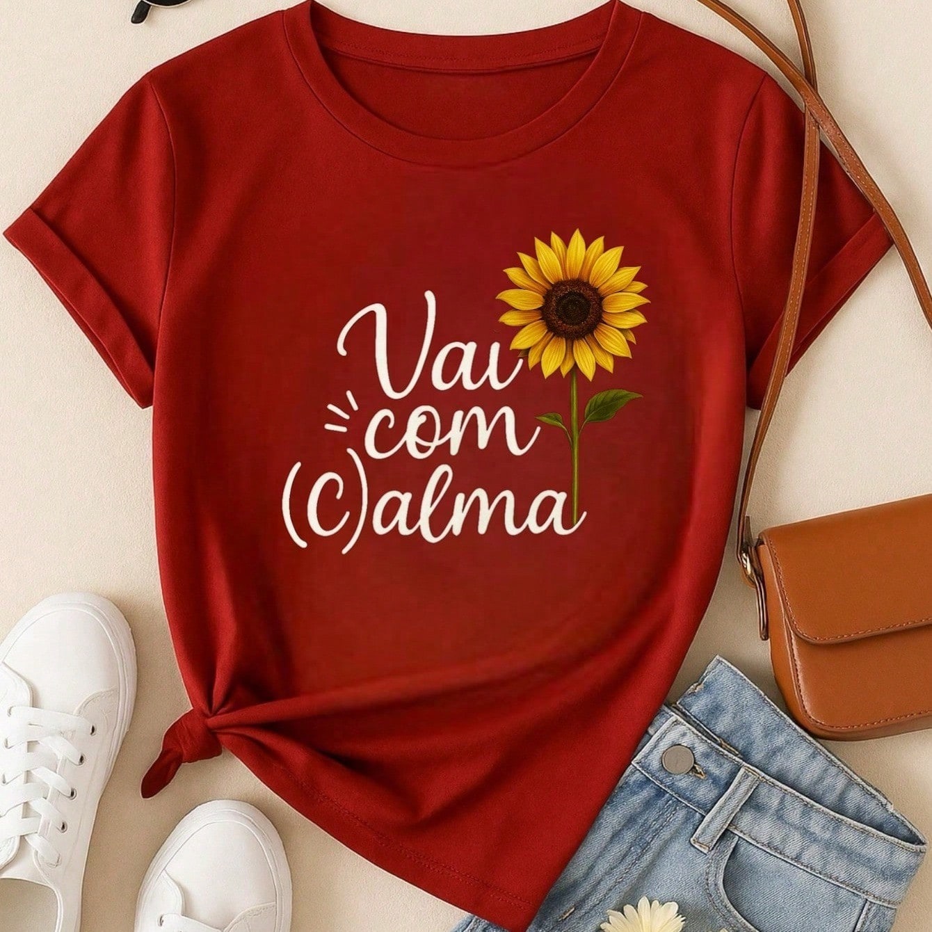 T-Shirt Feminina de Algodão Blusa Básica Estampada 100% Algodão – Vai com Calma, Frase e Girassol
