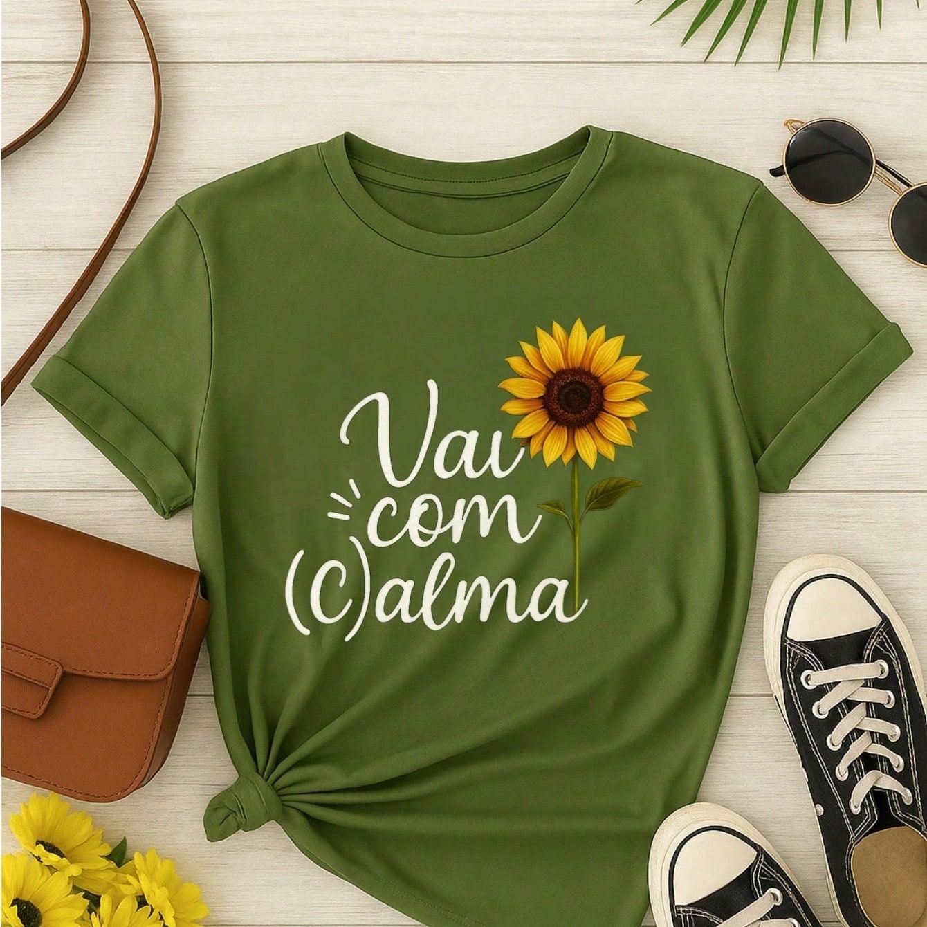 T-Shirt Feminina de Algodão Blusa Básica Estampada 100% Algodão – Vai com Calma, Frase e Girassol