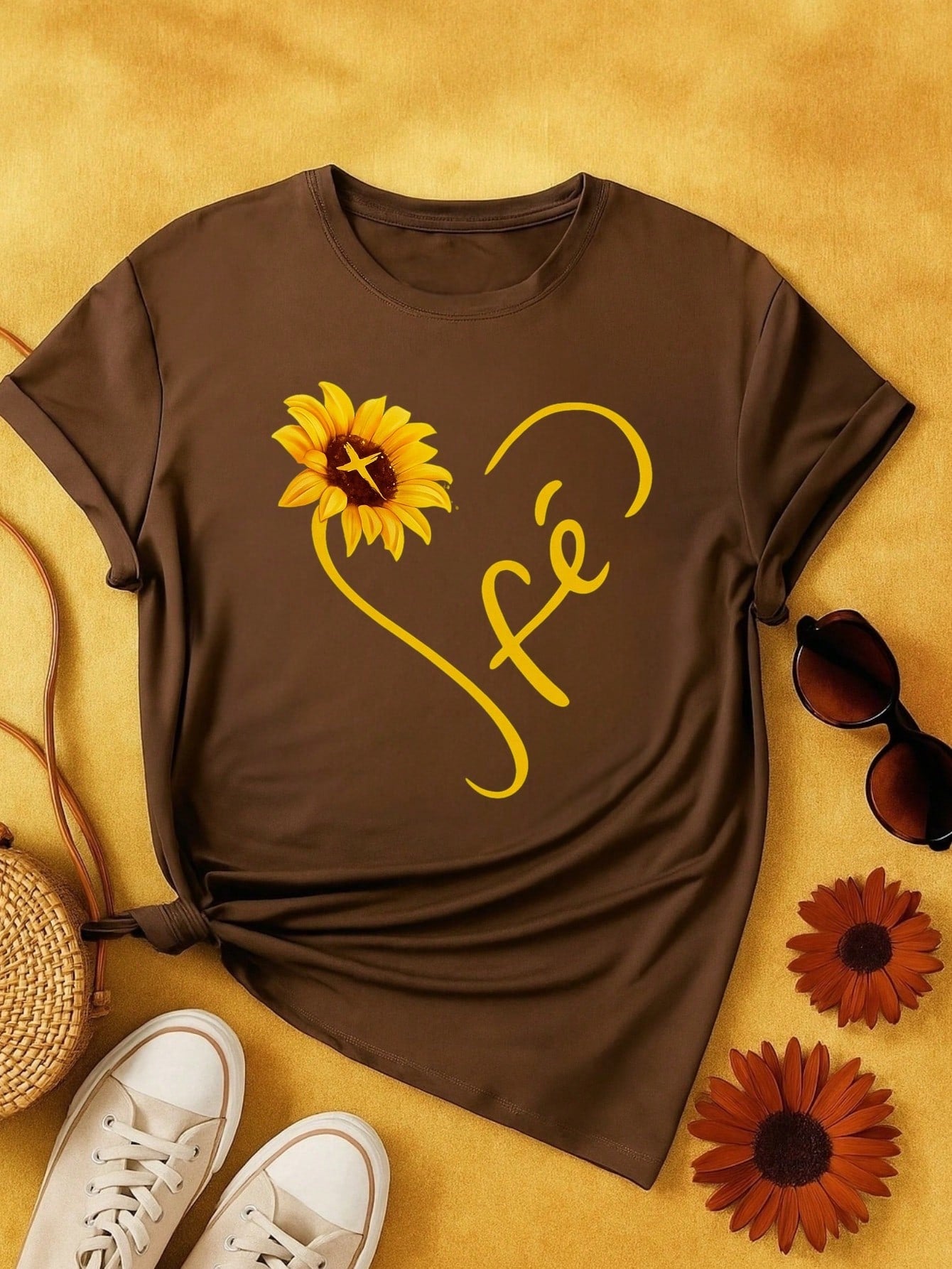 Camiseta Feminina Blusa  100% Algodão Fé – Girassol, Confortável e Estampada P M G GG