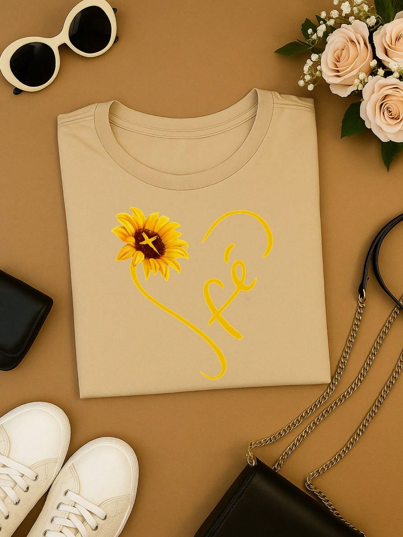 Camiseta Feminina Blusa  100% Algodão Fé – Girassol, Confortável e Estampada P M G GG