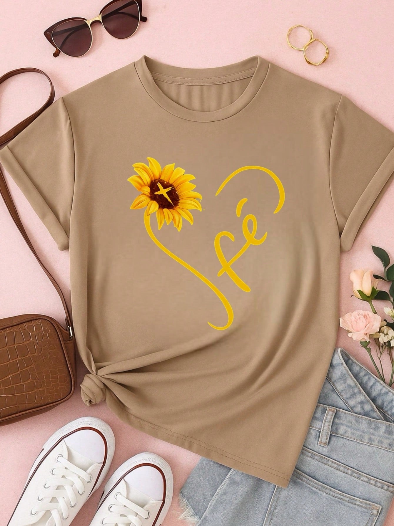 Camiseta Feminina Blusa  100% Algodão Fé – Girassol, Confortável e Estampada P M G GG