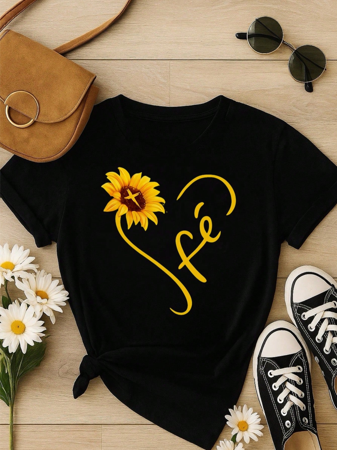 Camiseta Feminina Blusa  100% Algodão Fé – Girassol, Confortável e Estampada P M G GG