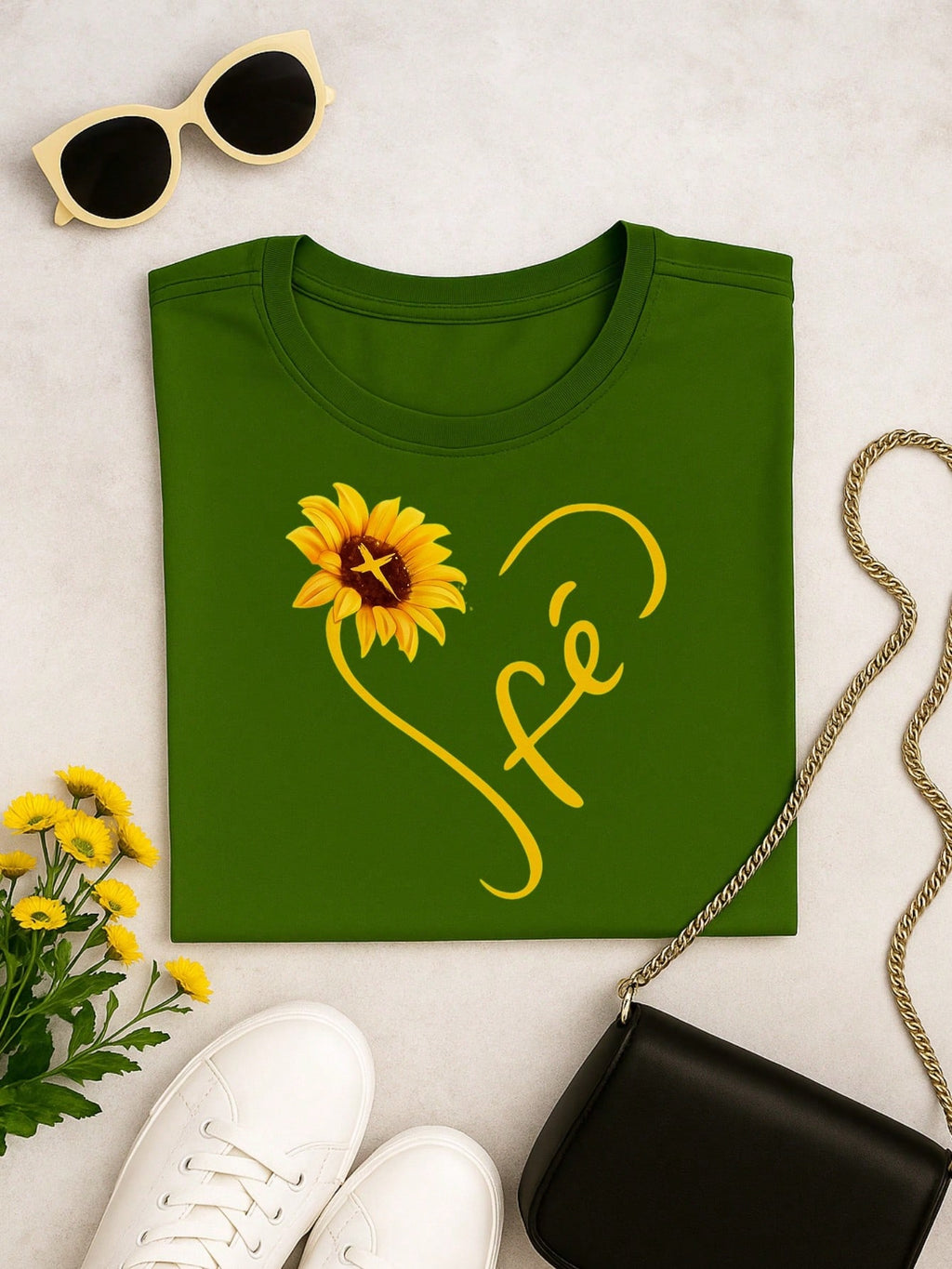 Camiseta Feminina Blusa  100% Algodão Fé – Girassol, Confortável e Estampada P M G GG