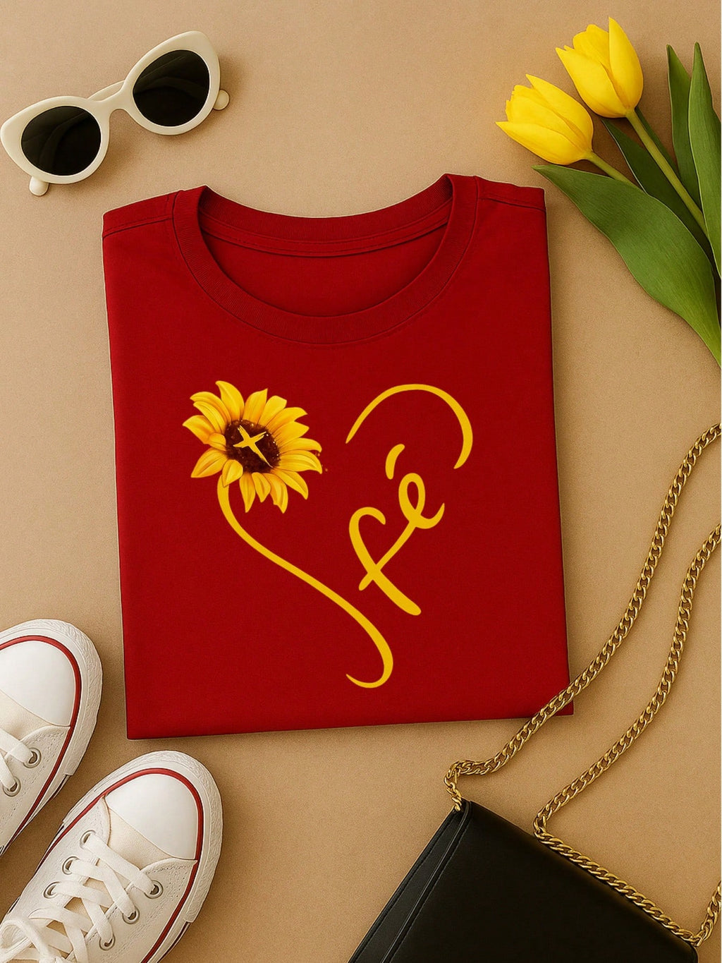 Camiseta Feminina Blusa  100% Algodão Fé – Girassol, Confortável e Estampada P M G GG