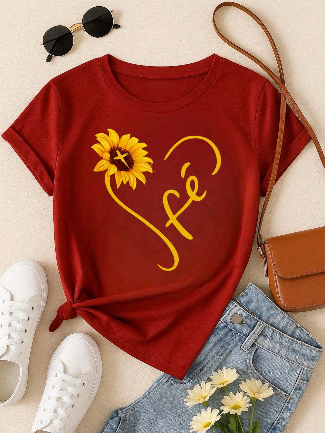 Camiseta Feminina Blusa  100% Algodão Fé – Girassol, Confortável e Estampada P M G GG