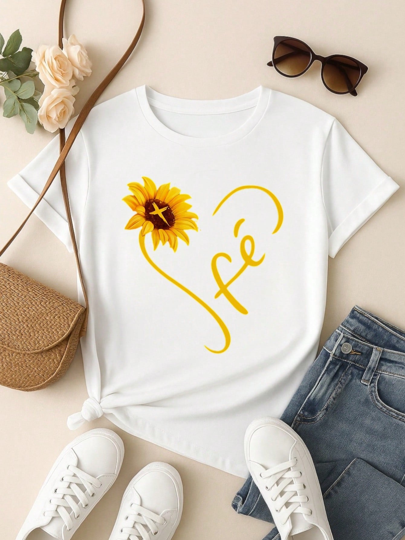 Camiseta Feminina Blusa  100% Algodão Fé – Girassol, Confortável e Estampada P M G GG