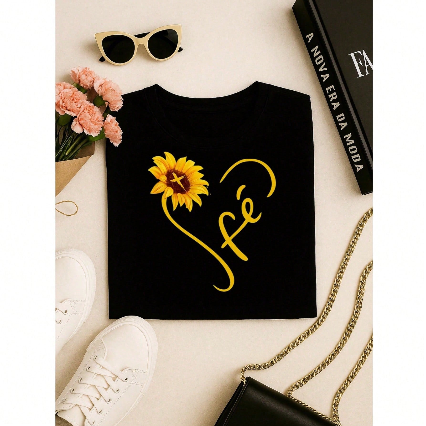 Camiseta Feminina Blusa  100% Algodão Fé – Girassol, Confortável e Estampada P M G GG