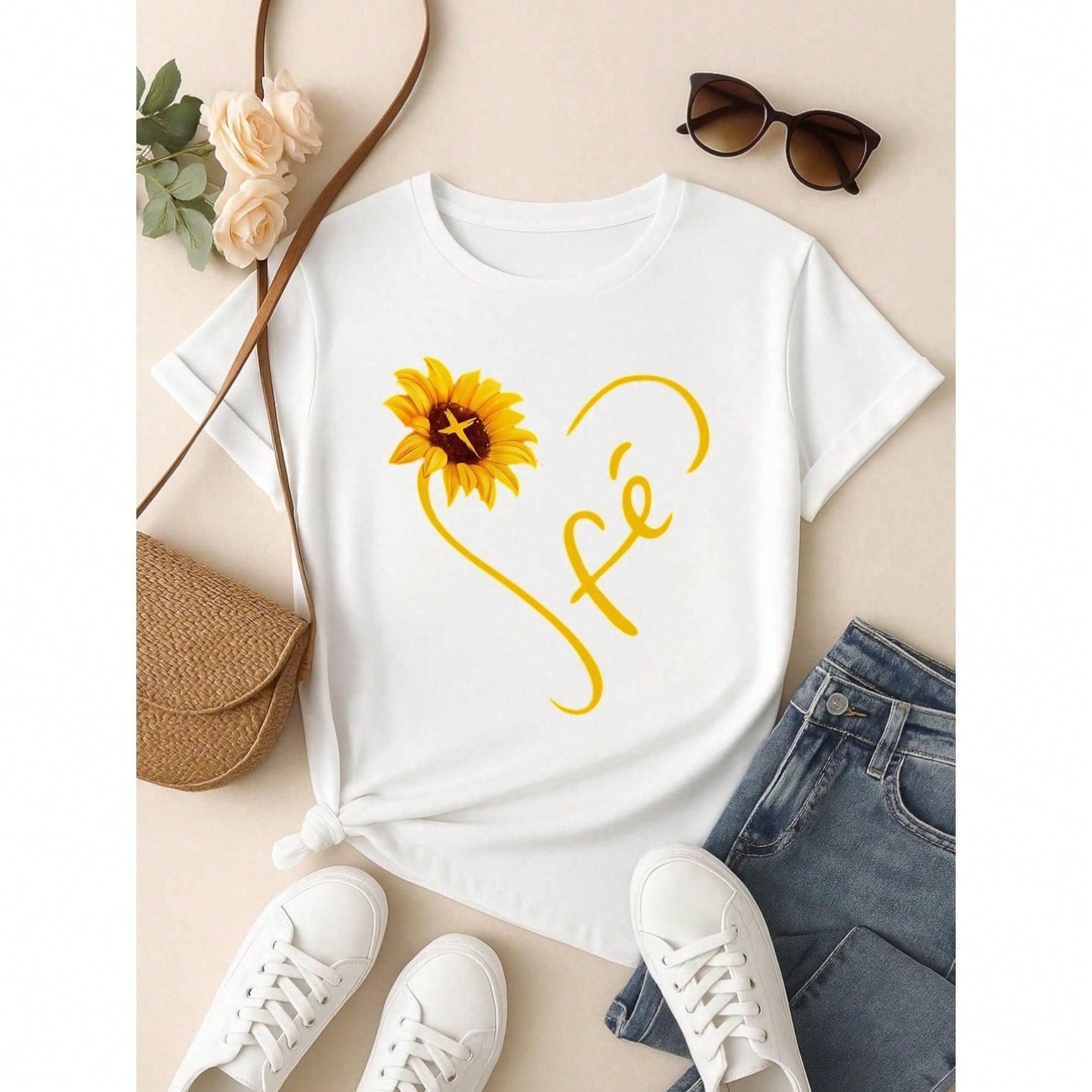 Camiseta Feminina Blusa  100% Algodão Fé – Girassol, Confortável e Estampada P M G GG