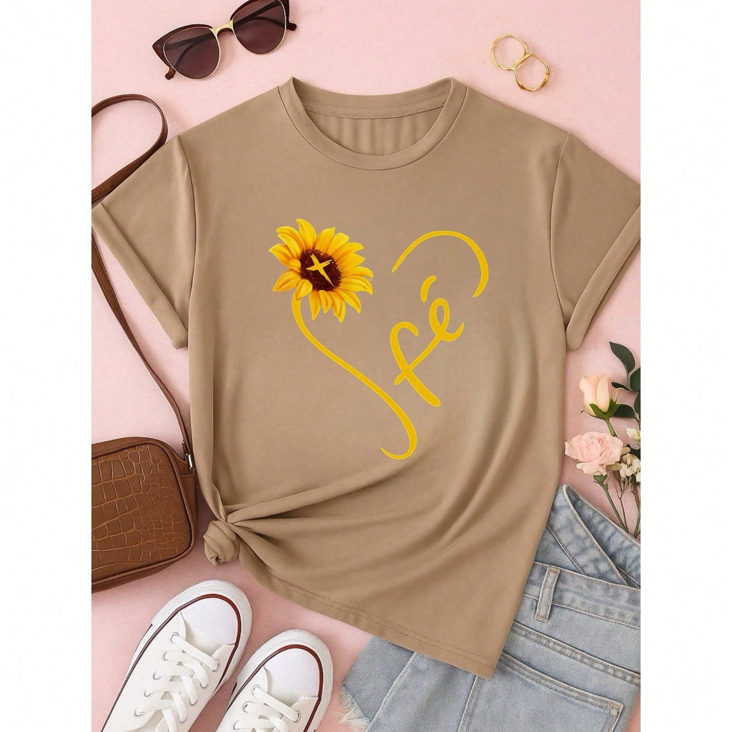 Camiseta Feminina Blusa  100% Algodão Fé – Girassol, Confortável e Estampada P M G GG