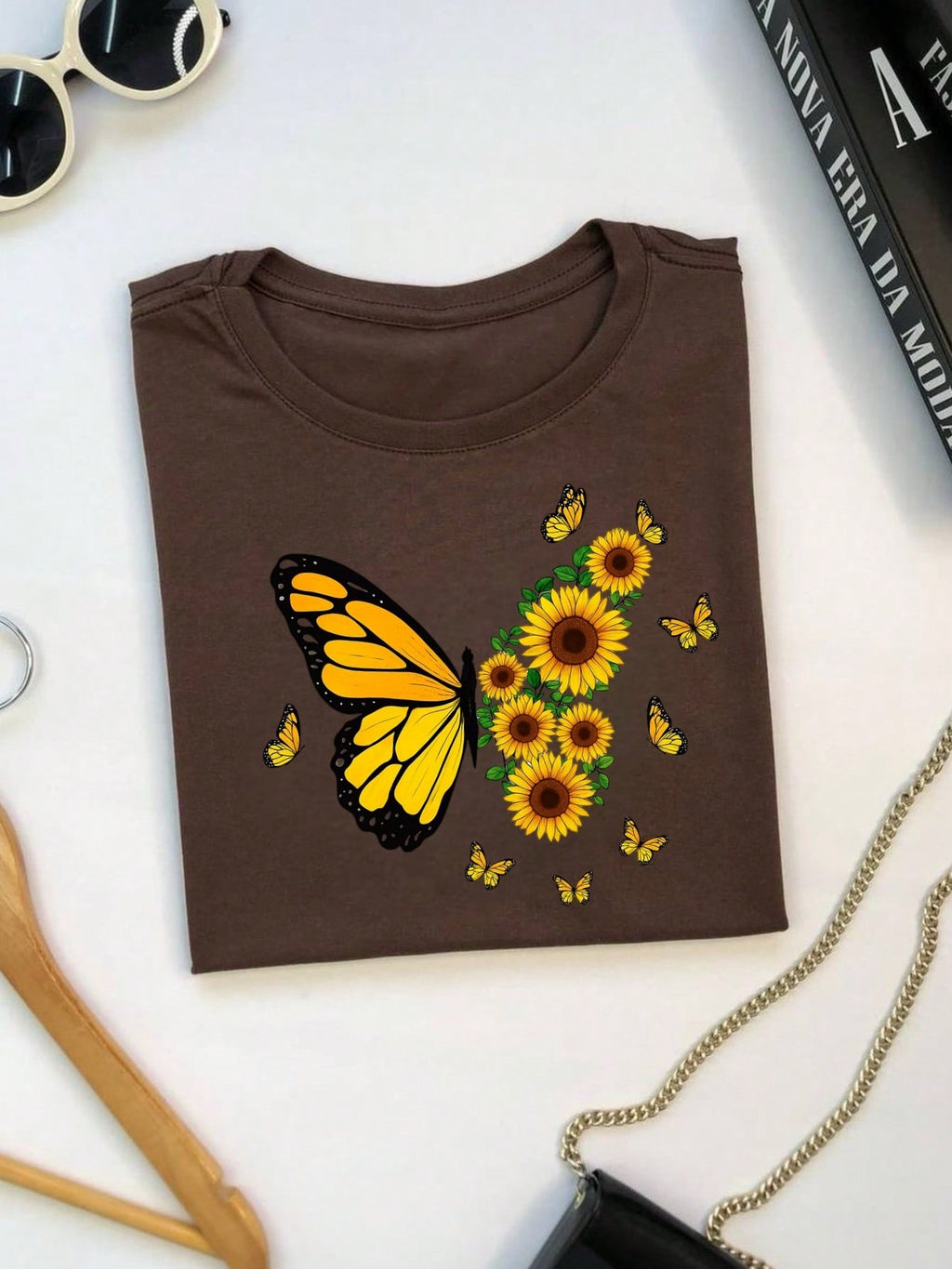 Blusa Feminina 100% Algodão – Borboleta & Girassol, Estampa Premium P M G GG