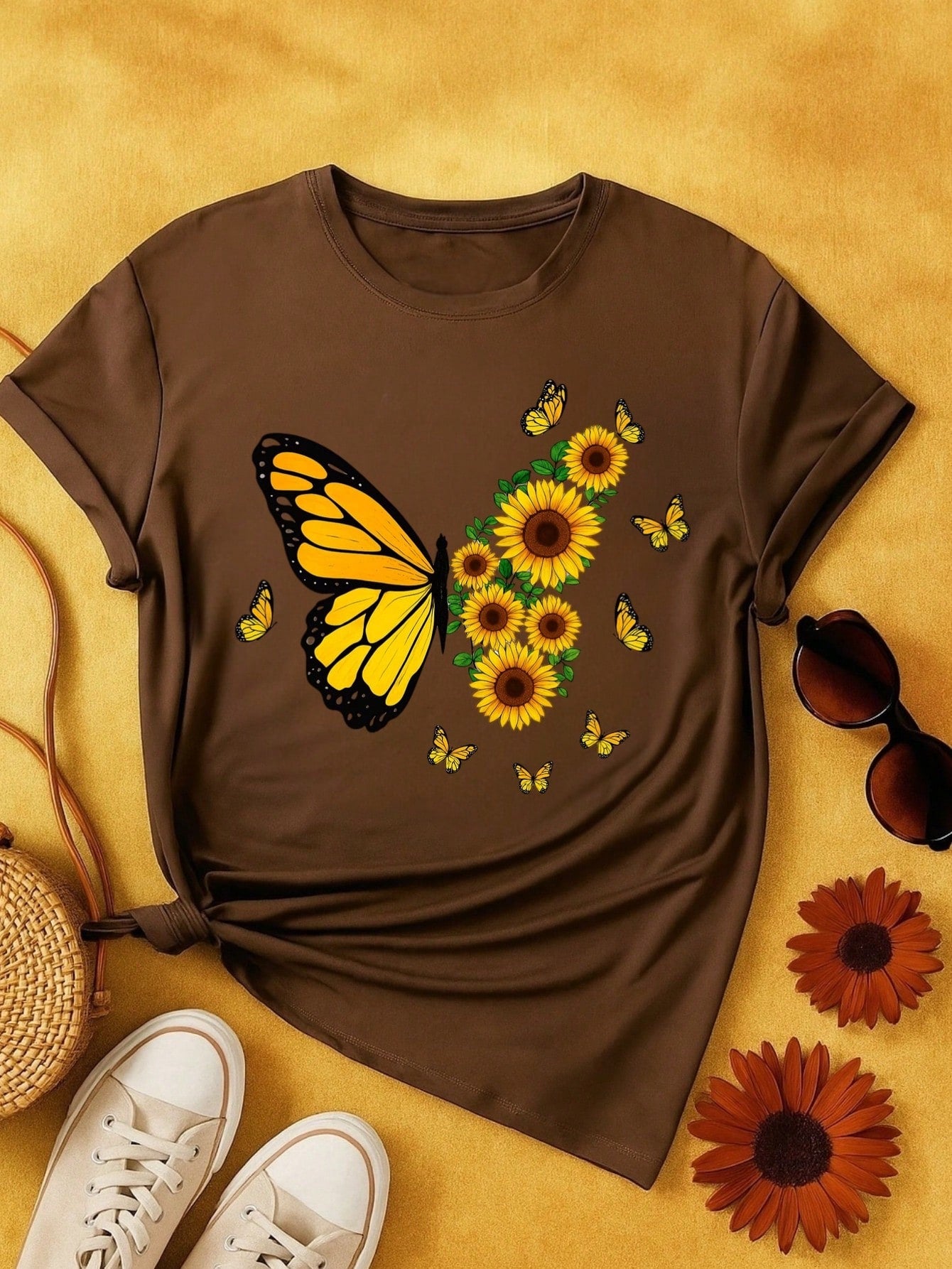 Blusa Feminina 100% Algodão – Borboleta & Girassol, Estampa Premium P M G GG