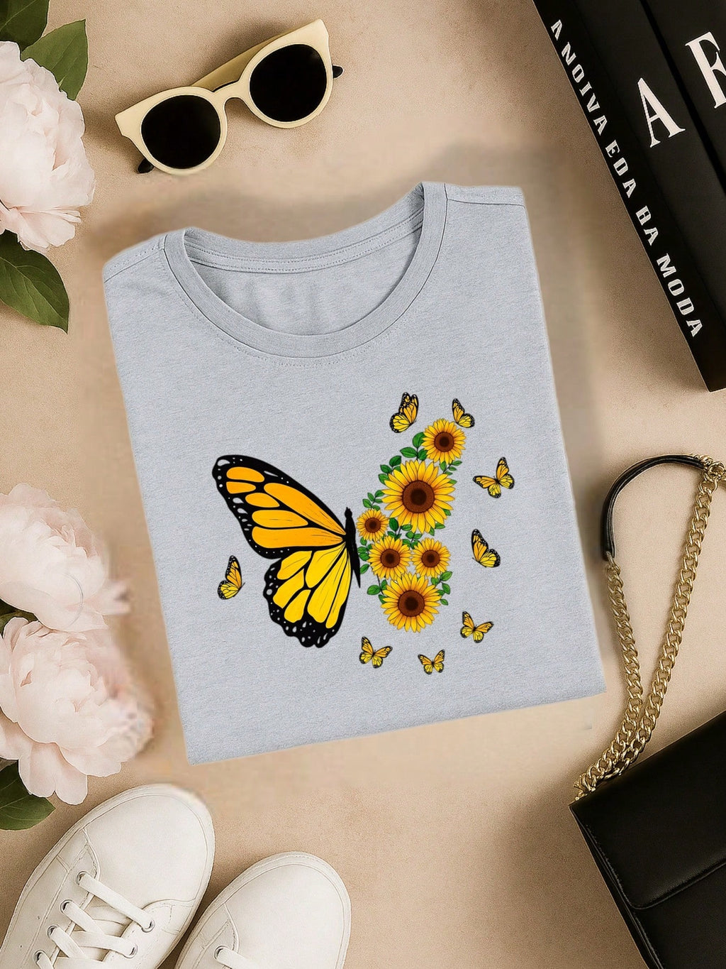 Blusa Feminina 100% Algodão – Borboleta & Girassol, Estampa Premium P M G GG