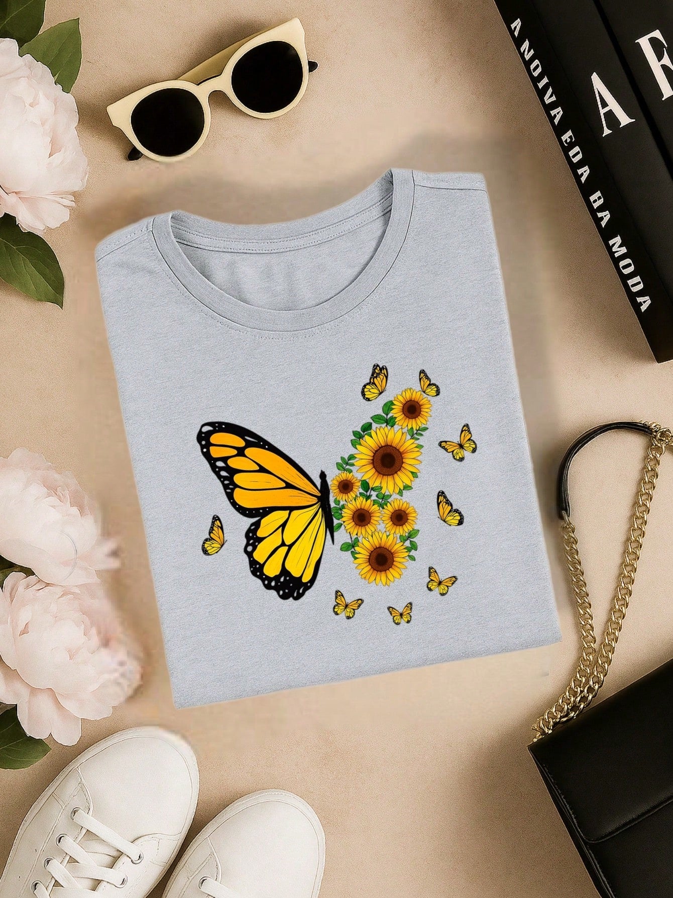 Blusa Feminina 100% Algodão – Borboleta & Girassol, Estampa Premium P M G GG