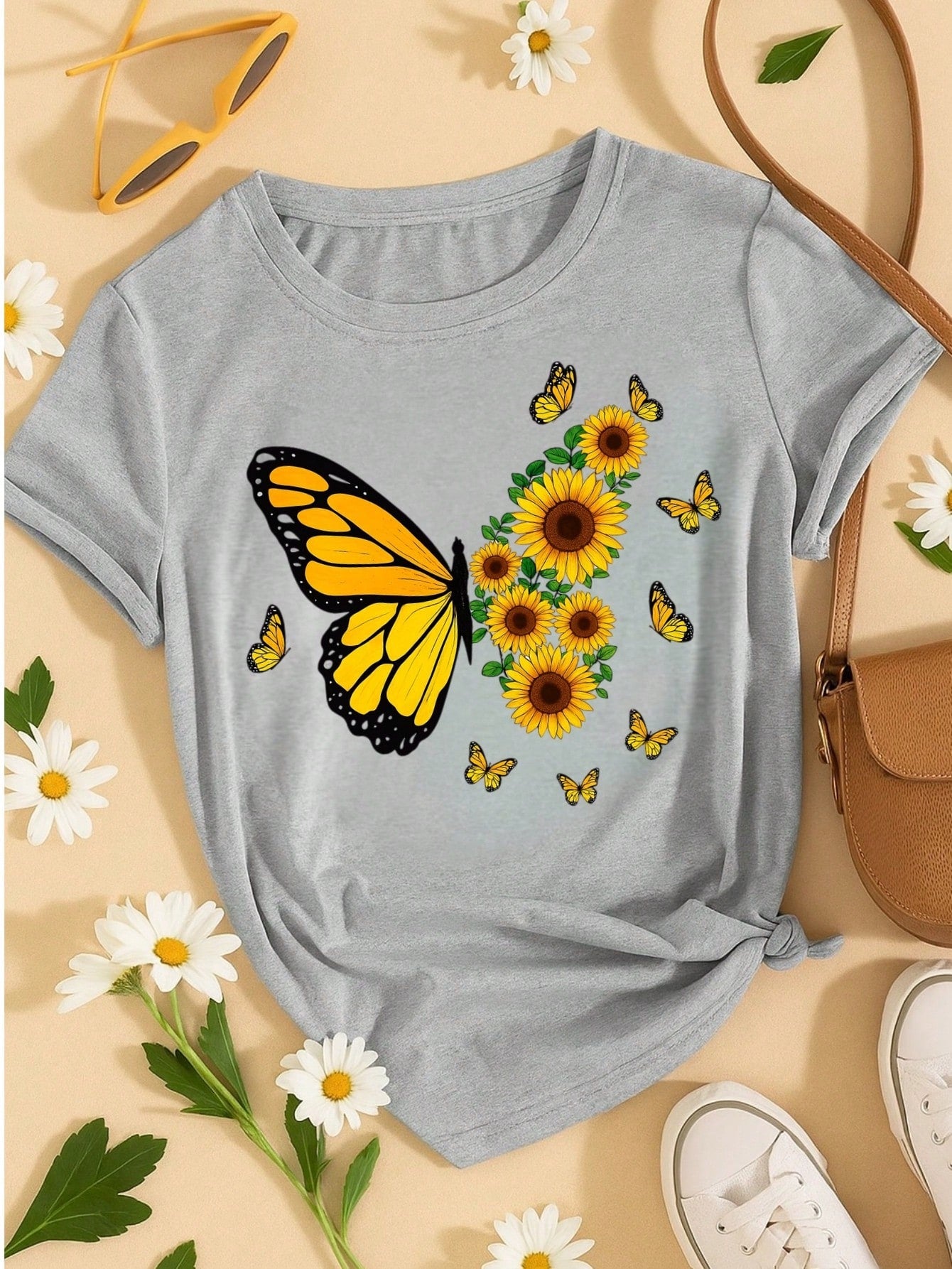 Blusa Feminina 100% Algodão – Borboleta & Girassol, Estampa Premium P M G GG