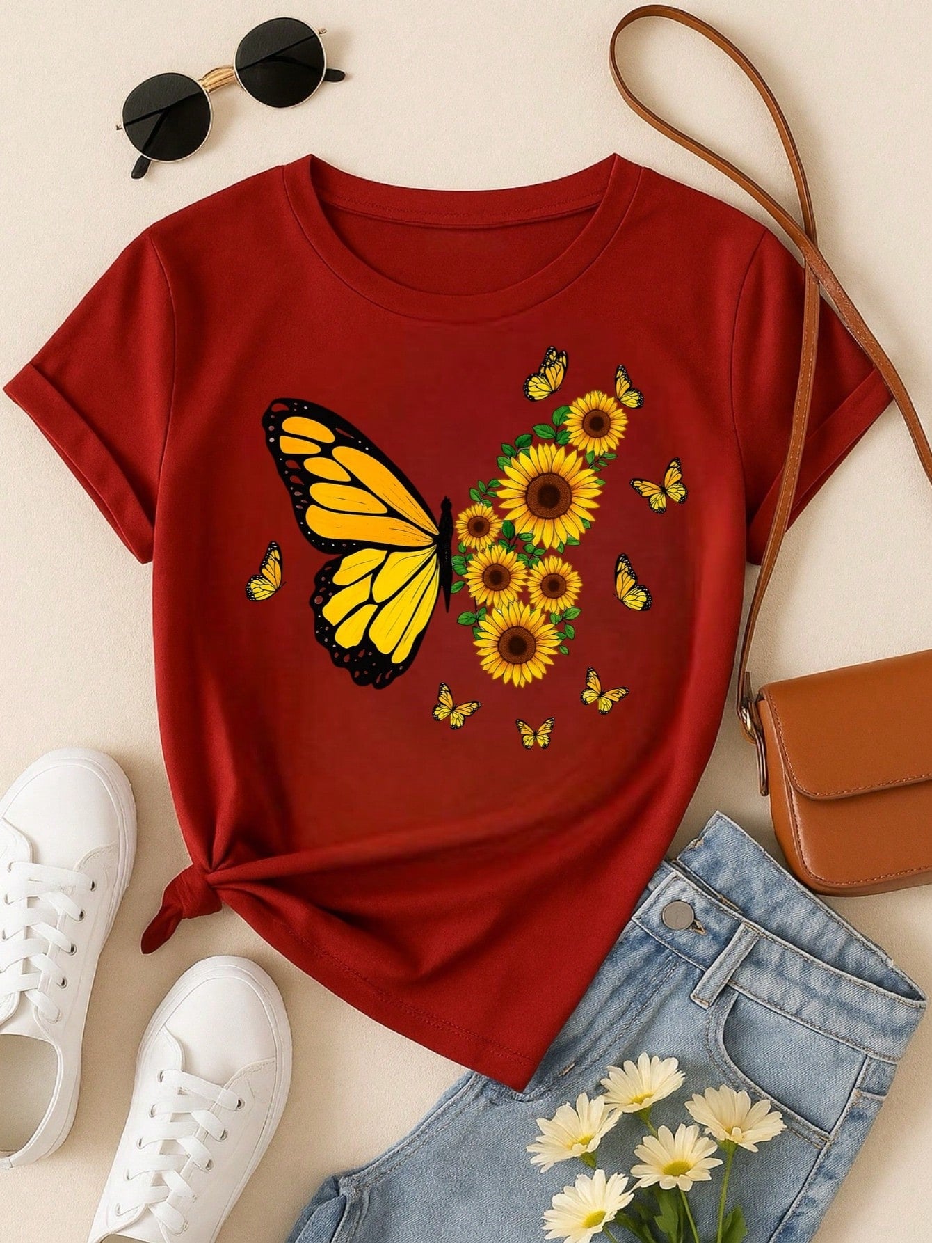 Blusa Feminina 100% Algodão – Borboleta & Girassol, Estampa Premium P M G GG