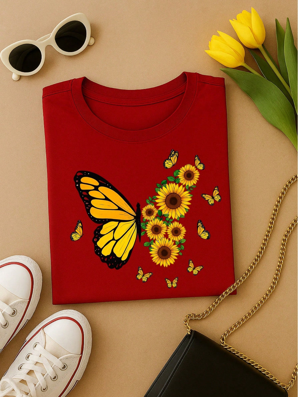 Blusa Feminina 100% Algodão – Borboleta & Girassol, Estampa Premium P M G GG