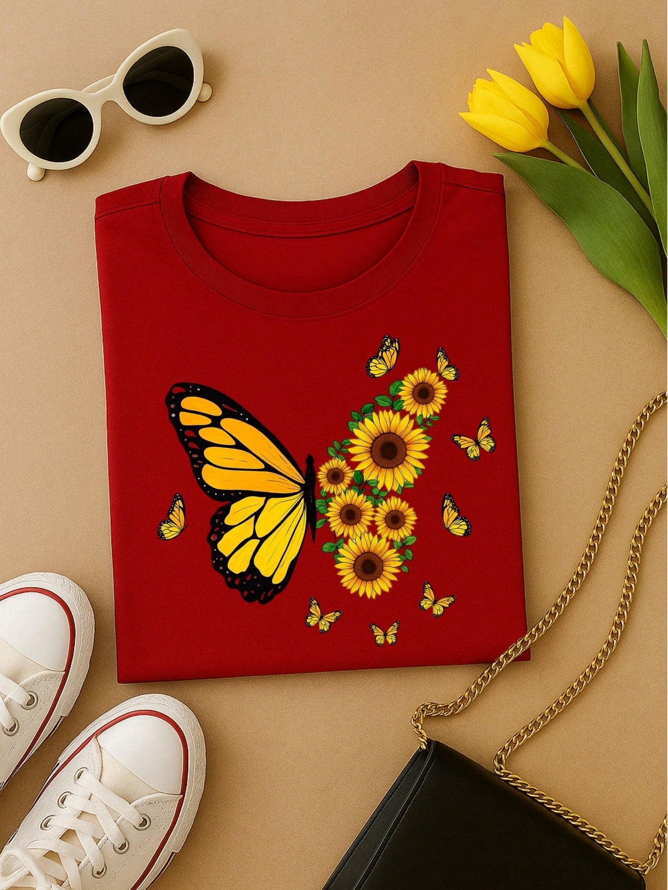 Blusa Feminina 100% Algodão – Borboleta & Girassol, Estampa Premium P M G GG