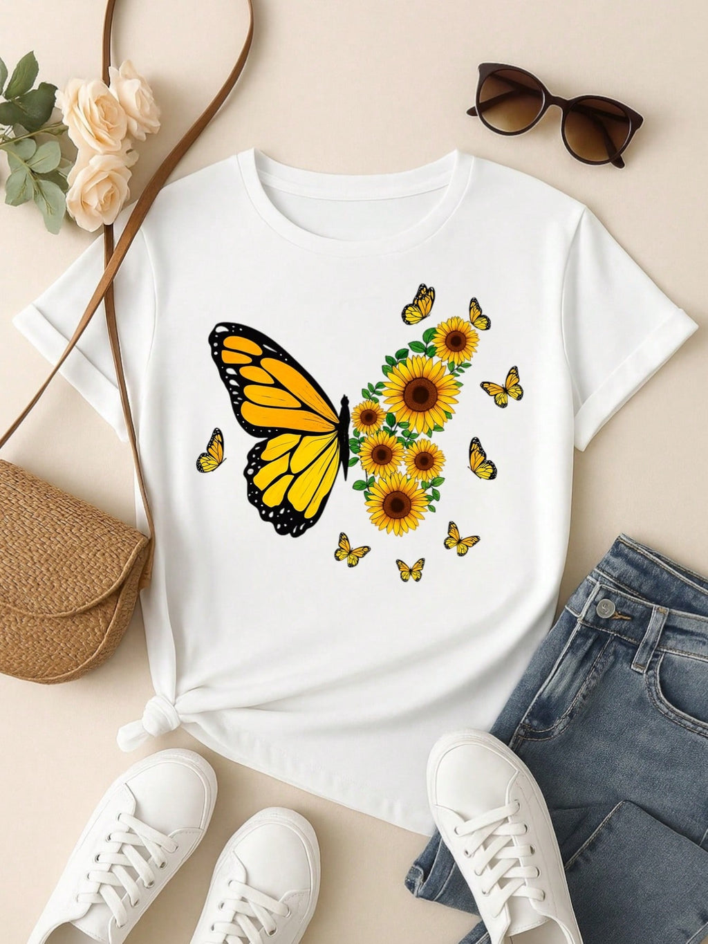 Blusa Feminina 100% Algodão – Borboleta & Girassol, Estampa Premium P M G GG