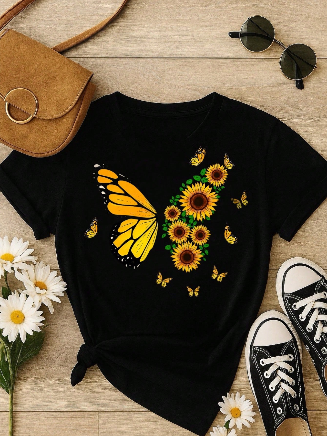 Blusa Feminina 100% Algodão – Borboleta & Girassol, Estampa Premium P M G GG