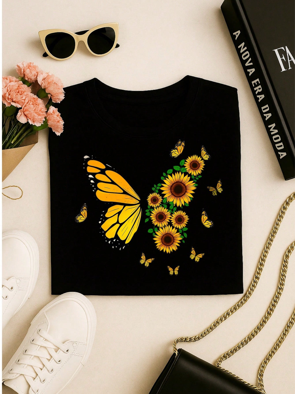 Blusa Feminina 100% Algodão – Borboleta & Girassol, Estampa Premium P M G GG