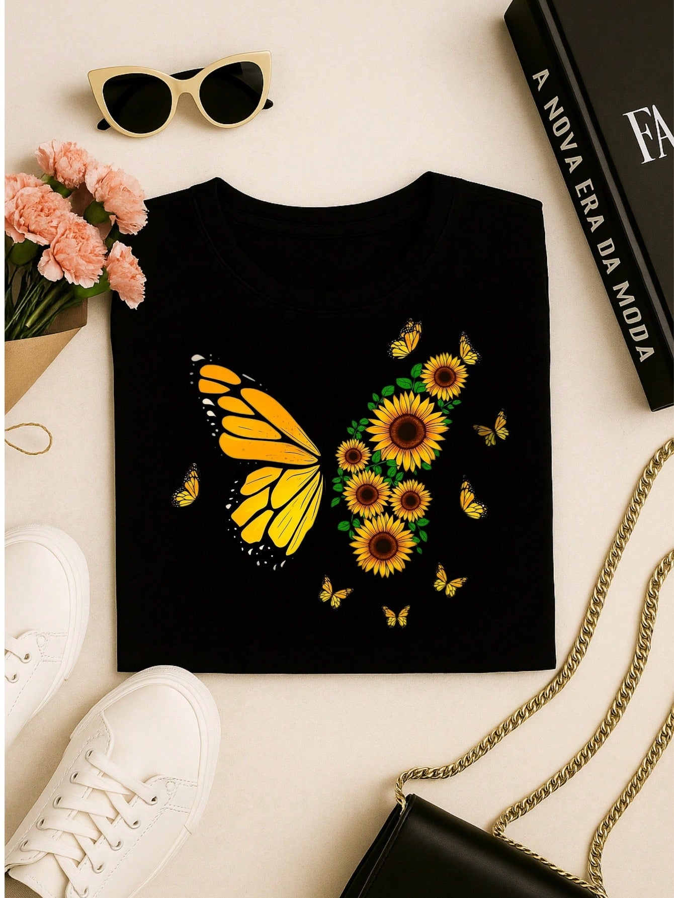 Blusa Feminina 100% Algodão – Borboleta & Girassol, Estampa Premium P M G GG