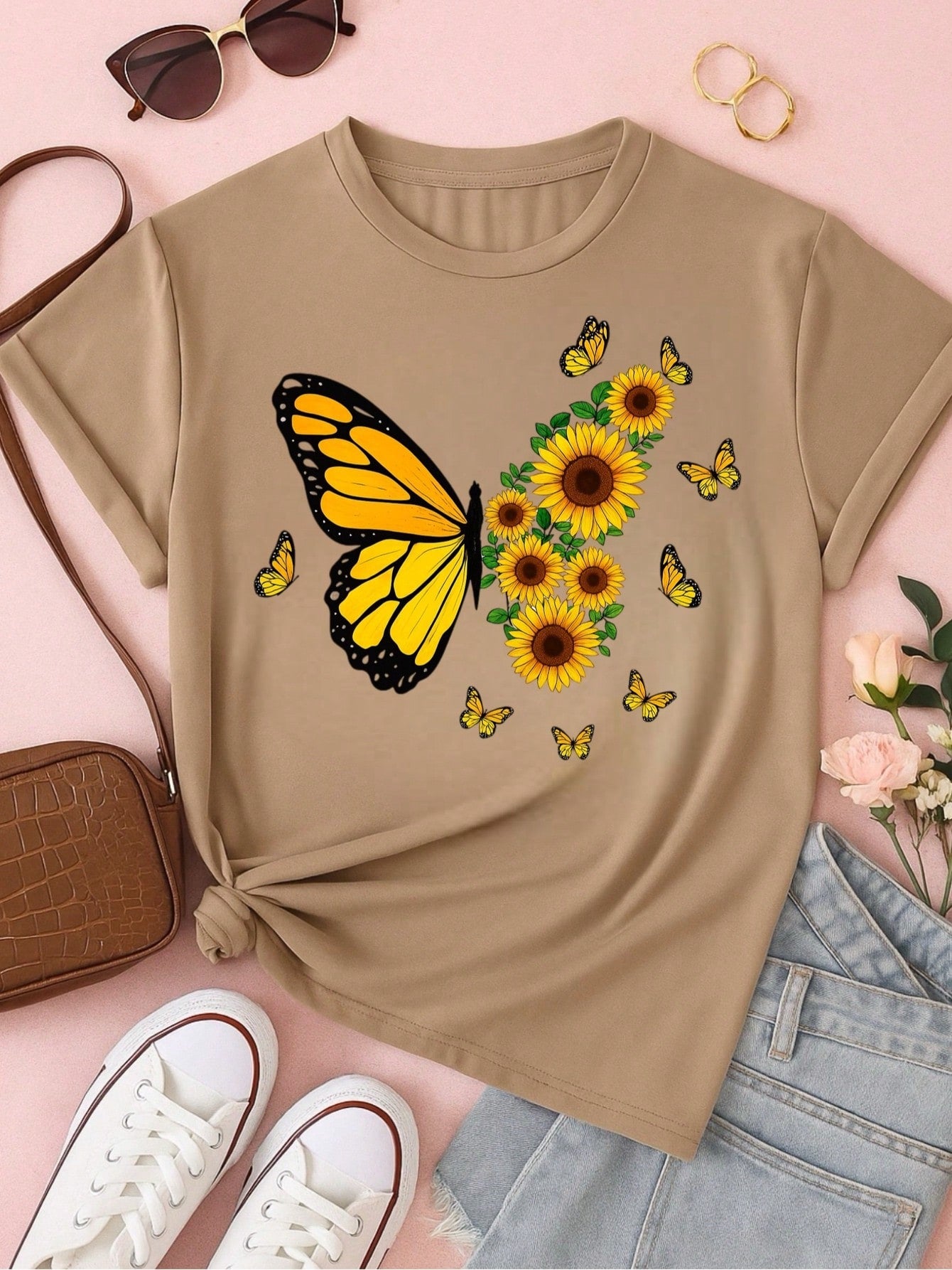 Blusa Feminina 100% Algodão – Borboleta & Girassol, Estampa Premium P M G GG