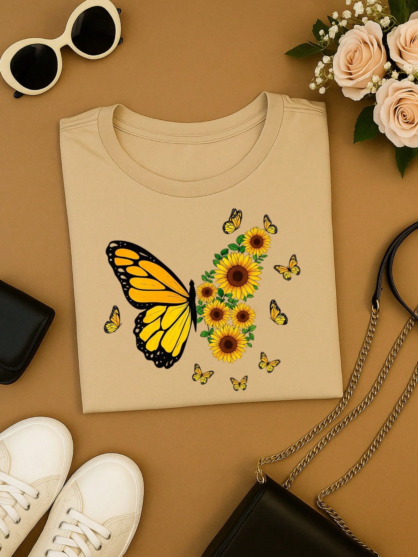 Blusa Feminina 100% Algodão – Borboleta & Girassol, Estampa Premium P M G GG