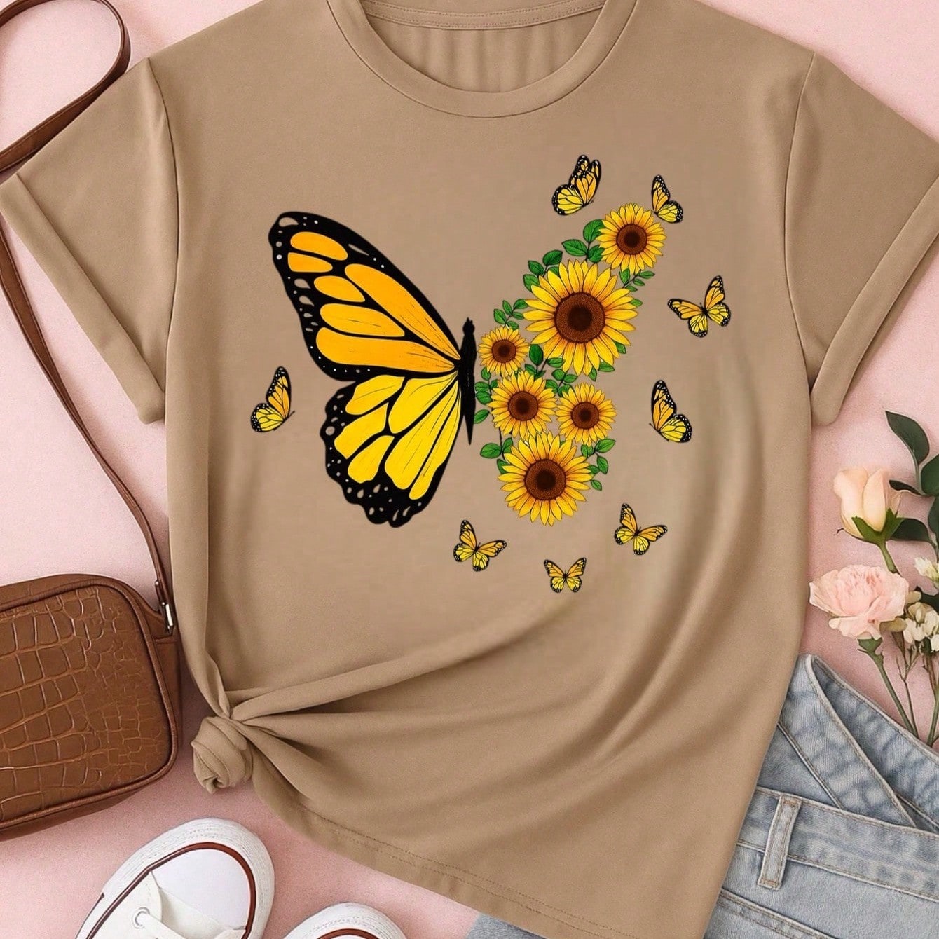 Blusa Feminina 100% Algodão – Borboleta & Girassol, Estampa Premium P M G GG