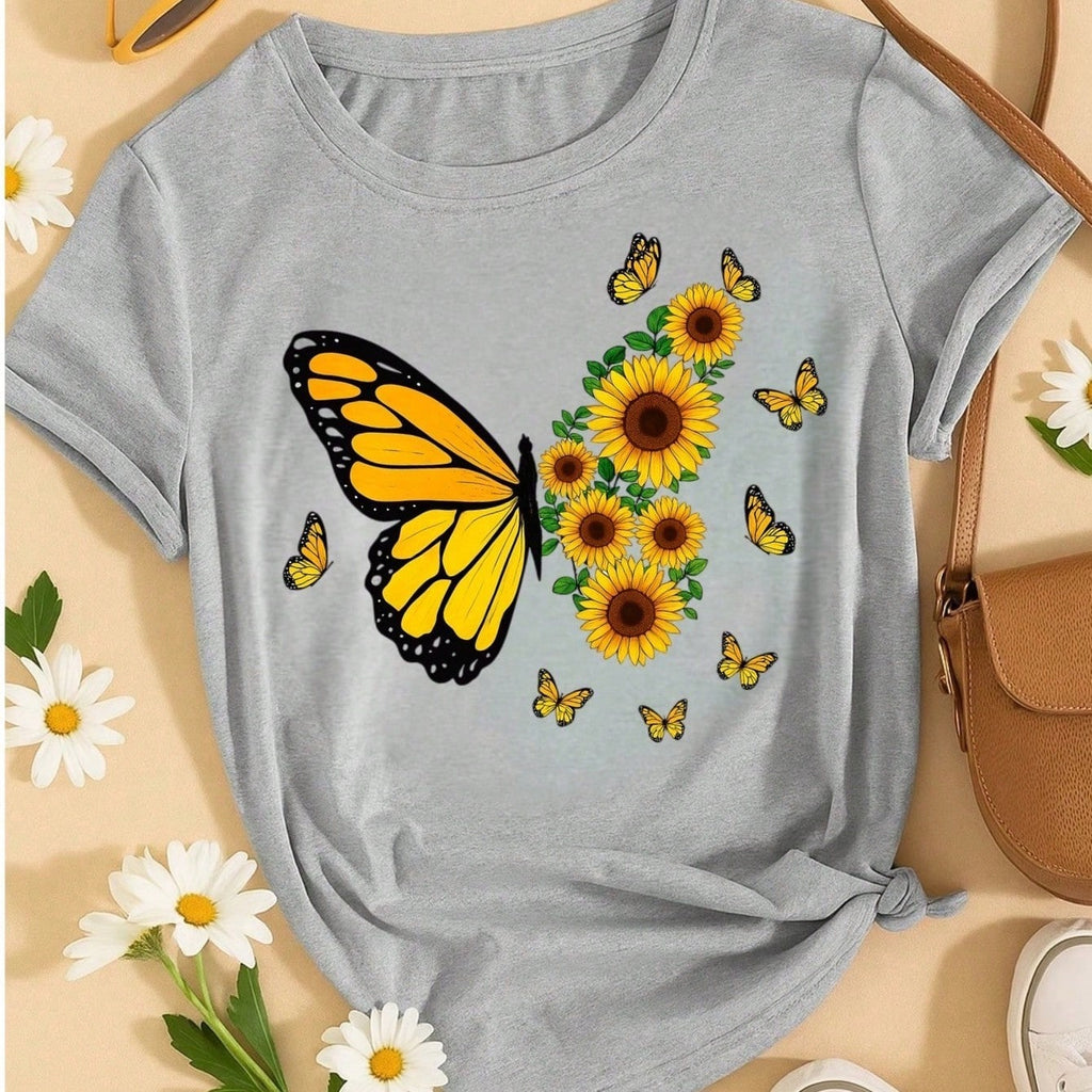 Blusa Feminina 100% Algodão – Borboleta & Girassol, Estampa Premium P M G GG