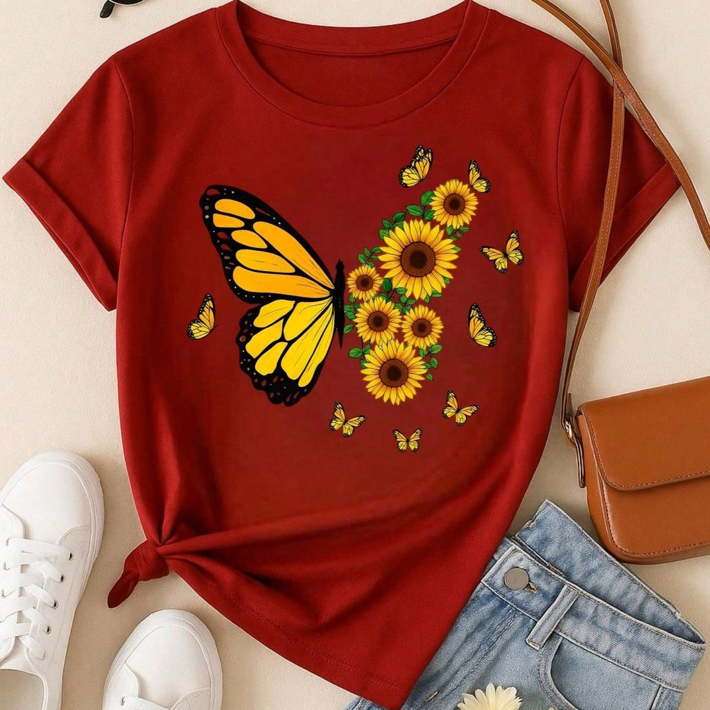 Blusa Feminina 100% Algodão – Borboleta & Girassol, Estampa Premium P M G GG