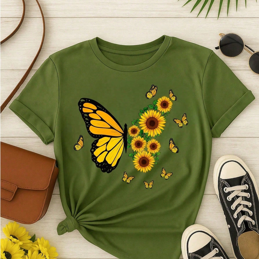 Blusa Feminina 100% Algodão – Borboleta & Girassol, Estampa Premium P M G GG