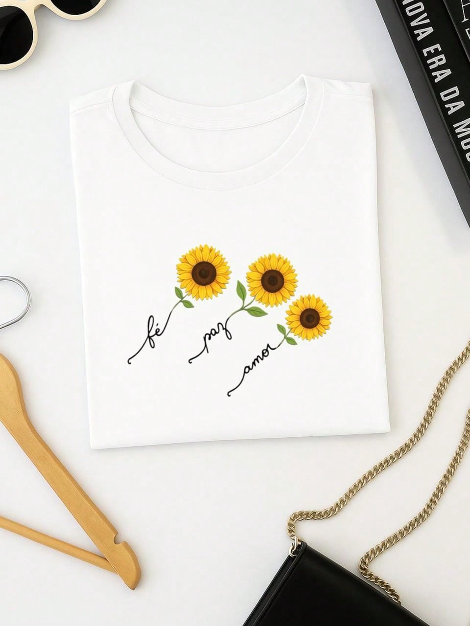 Blusa Feminina 100% Algodão  com Estampa Girassol – Fé Paz Amor, Estampa Premium P M G GG