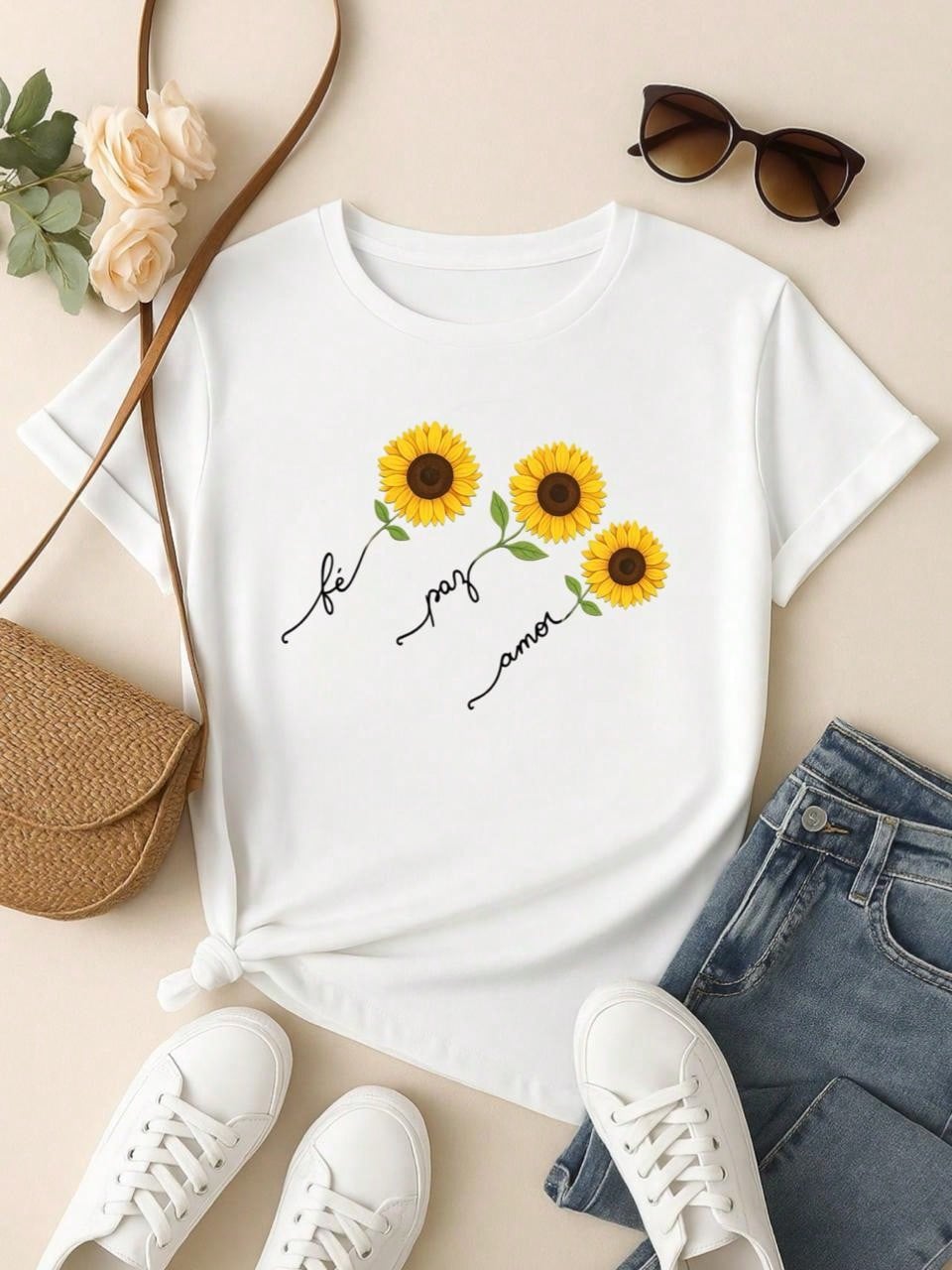 Blusa Feminina 100% Algodão  com Estampa Girassol – Fé Paz Amor, Estampa Premium P M G GG