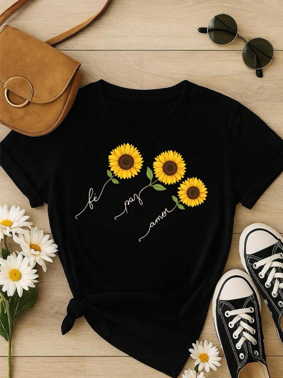 Blusa Feminina 100% Algodão  com Estampa Girassol – Fé Paz Amor, Estampa Premium P M G GG